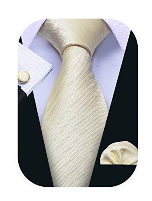 Barry.Wang Stripe Men Ties Set Classic WOVEN Necktie with Handkerchief Cufflinks Formal