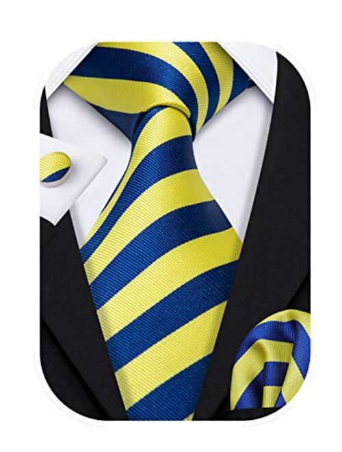 Barry.Wang Stripe Men Ties Set Classic WOVEN Necktie with Handkerchief Cufflinks Formal