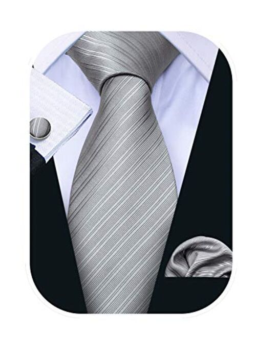 Barry.Wang Stripe Men Ties Set Classic WOVEN Necktie with Handkerchief Cufflinks Formal