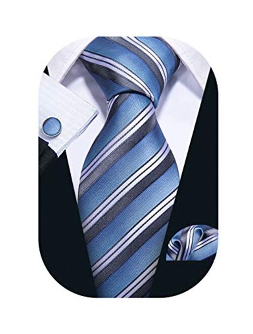 Barry.Wang Stripe Men Ties Set Classic WOVEN Necktie with Handkerchief Cufflinks Formal