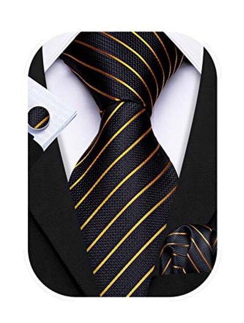 Barry.Wang Stripe Men Ties Set Classic WOVEN Necktie with Handkerchief Cufflinks Formal