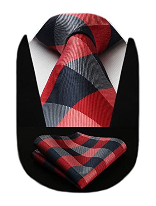 HISDERN Plaid Checkered Tie Handkerchief Woven Classic Men's Necktie & Pocket Square Set