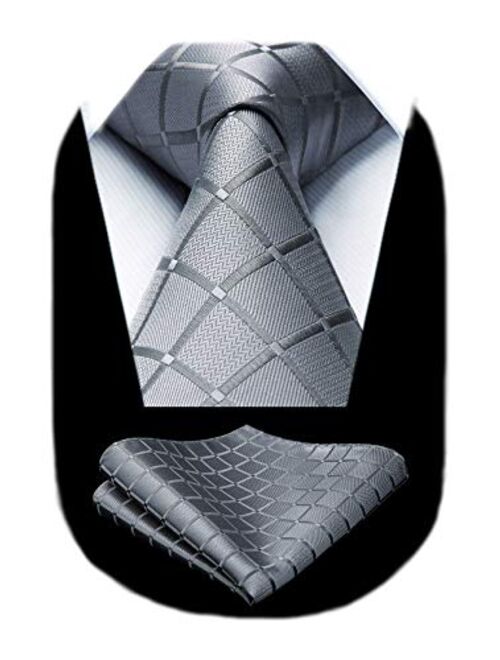 HISDERN Plaid Checkered Tie Handkerchief Woven Classic Men's Necktie & Pocket Square Set