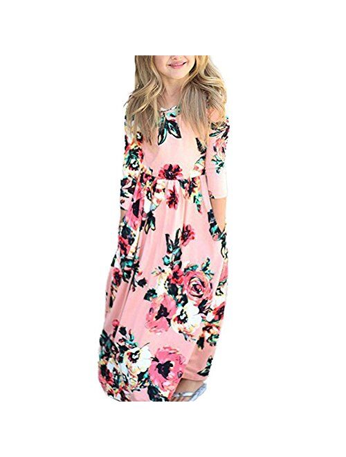 QIJOVO Girl Floral Maxi Dress with Pockets Sleeves Long Holiday Dress