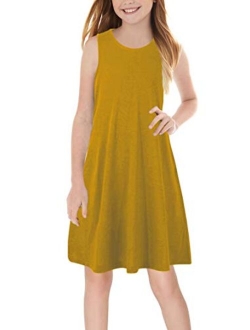 GORLYA Girl's Summer Casual Loose Tank Swing Midi Cute Shift Dress with Pockets for 4-14T Kids