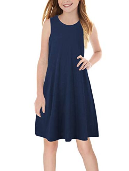 GORLYA Girl's Summer Casual Loose Tank Swing Midi Cute Shift Dress with Pockets for 4-14T Kids