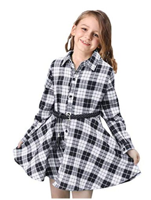 CNKIDS Girls Casual Dress Belt Long Sleeve Buffalo Check Black White/Red Plaid Dresses for Kids,4-12yrs