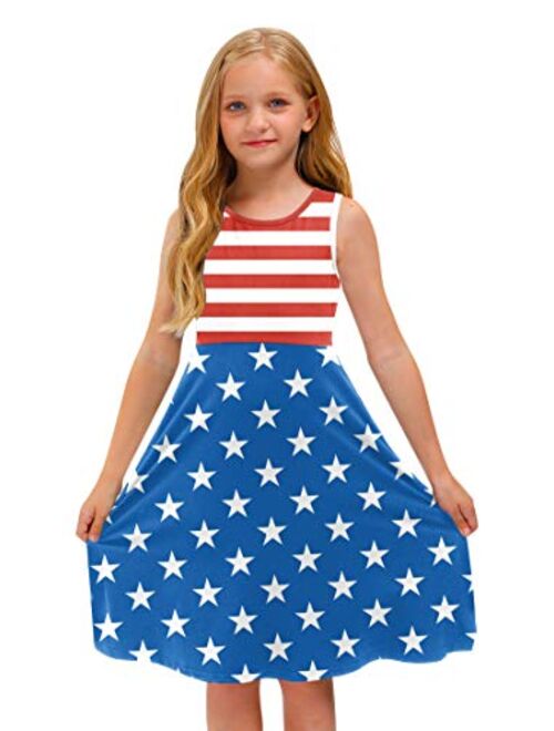 BesserBay Girl's Forth of July American Flag Stars Stripes Swing Midi Tank Dress 3-12 Years