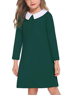 Girls Long Sleeve Vintage Peter Pan Collar T-Shirt Dress Age 4-13 Years