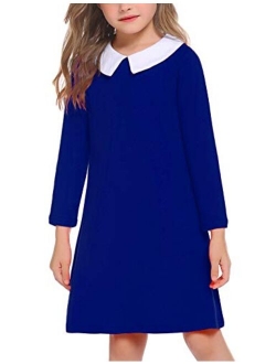 Girls Long Sleeve Vintage Peter Pan Collar T-Shirt Dress Age 4-13 Years