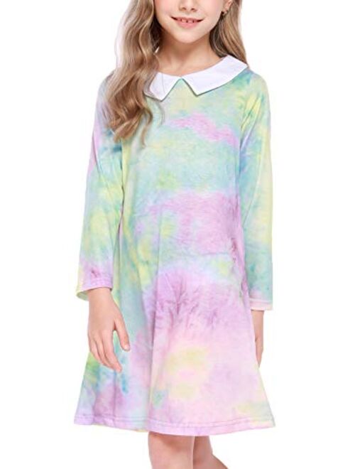 Arshiner Girls Long Sleeve Vintage Peter Pan Collar T-Shirt Dress Age 4-13 Years