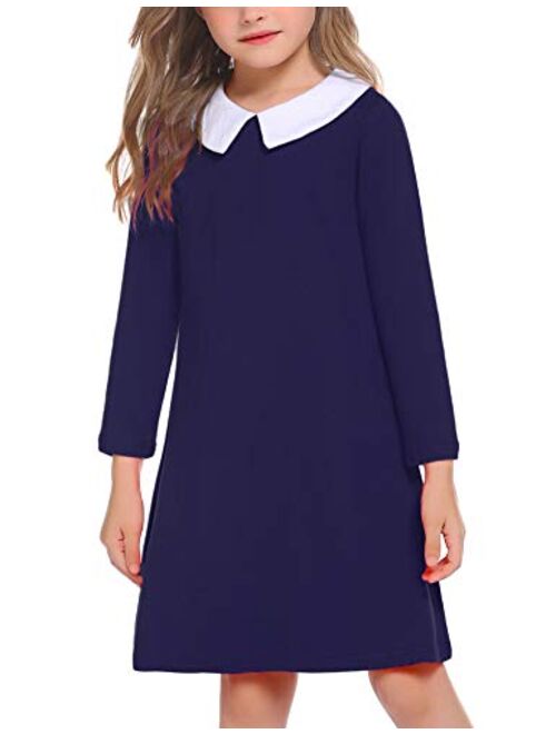 Arshiner Girls Long Sleeve Vintage Peter Pan Collar T-Shirt Dress Age 4-13 Years