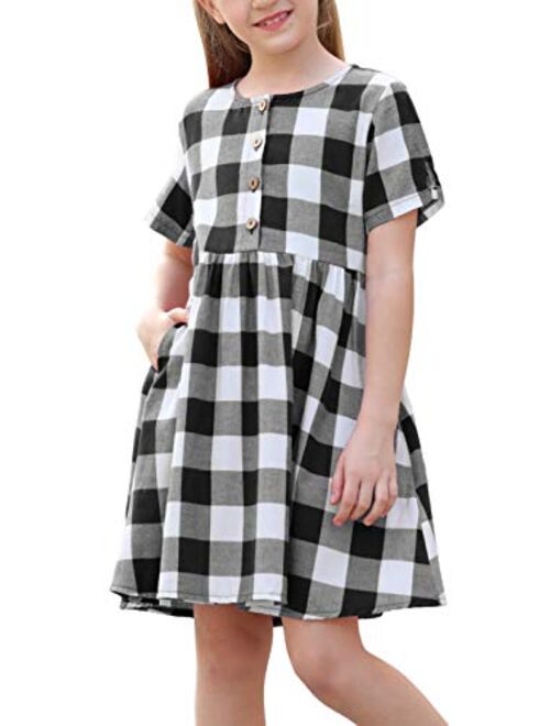 GORLYA Girl's Short Sleeve Button Up Pleated Waist Loose Casual Linen Midi Dress with Pockets for 4-12 Years Kids