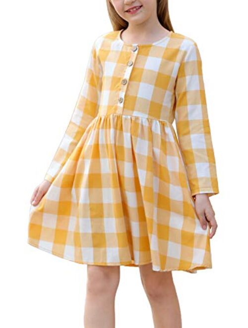 GORLYA Girl's Short Sleeve Button Up Pleated Waist Loose Casual Linen Midi Dress with Pockets for 4-12 Years Kids