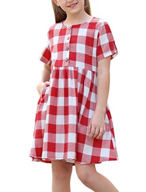 GORLYA Girl's Short Sleeve Button Up Pleated Waist Loose Casual Linen Midi Dress with Pockets for 4-12 Years Kids