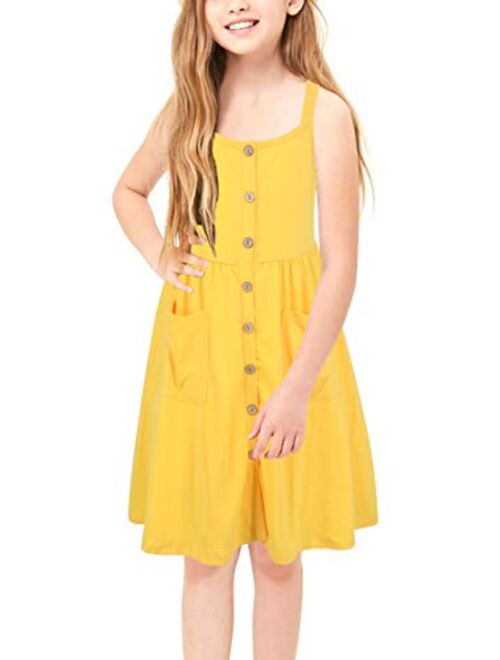 GORLYA Girl's Casual Summer Beach A-Line Spaghetti Strap Button Sundress with Pockets for 4-12T Kids