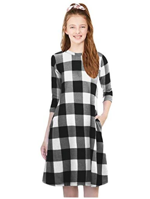 KYMIDY Girls 3/4 Sleeve Buffalo Check Plaid Dress Kids Casual Swing Tunic Dress with Pockets for Girls 6-12 Years