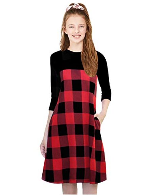 KYMIDY Girls 3/4 Sleeve Buffalo Check Plaid Dress Kids Casual Swing Tunic Dress with Pockets for Girls 6-12 Years