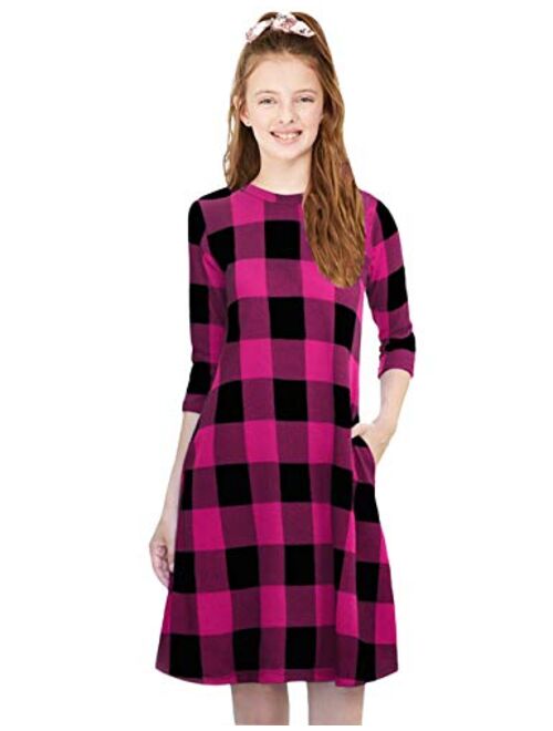 KYMIDY Girls 3/4 Sleeve Buffalo Check Plaid Dress Kids Casual Swing Tunic Dress with Pockets for Girls 6-12 Years