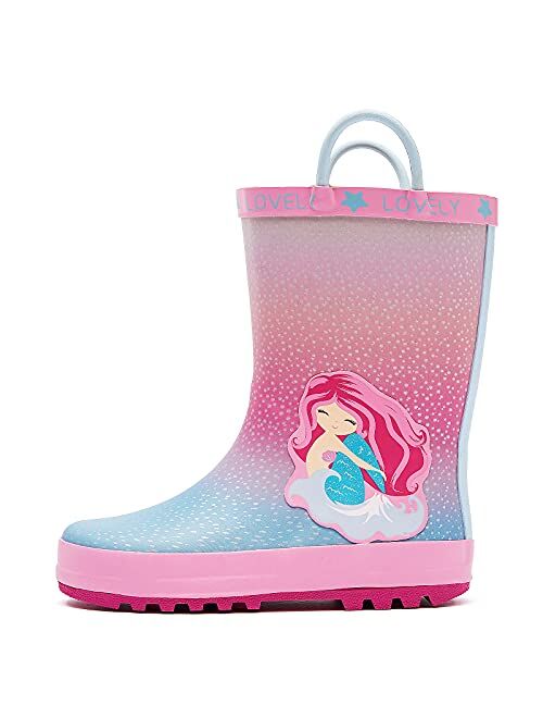 mysoft Kids Rain Boots for Girls Boys Toddler Waterproof Rubber Cute Animal Printed with Easy-On Handles