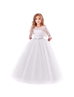 Flower Girl Lace Bridesmaid Dress 3/4 Sleeves Pageant Ball Gowns Princess Puffy Tulle Wedding Party Dresses