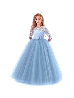 Flower Girl Lace Bridesmaid Dress 3/4 Sleeves Pageant Ball Gowns Princess Puffy Tulle Wedding Party Dresses