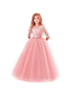 Flower Girl Lace Bridesmaid Dress 3/4 Sleeves Pageant Ball Gowns Princess Puffy Tulle Wedding Party Dresses