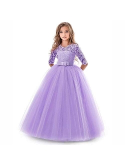 Flower Girl Lace Bridesmaid Dress 3/4 Sleeves Pageant Ball Gowns Princess Puffy Tulle Wedding Party Dresses