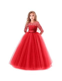 Flower Girl Lace Bridesmaid Dress 3/4 Sleeves Pageant Ball Gowns Princess Puffy Tulle Wedding Party Dresses