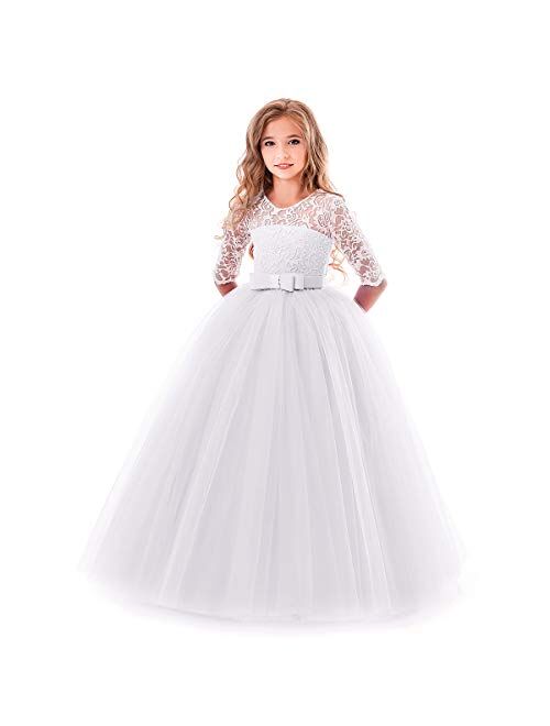 Flower Girl Lace Bridesmaid Dress 3/4 Sleeves Pageant Ball Gowns Princess Puffy Tulle Wedding Party Dresses