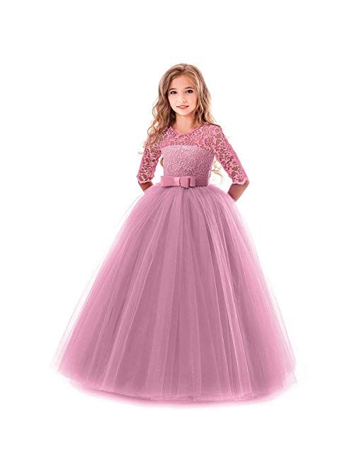 Flower Girl Lace Bridesmaid Dress 3/4 Sleeves Pageant Ball Gowns Princess Puffy Tulle Wedding Party Dresses