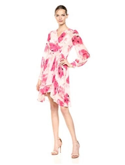 Women's Long Sleeved V Neck Chiffon Faux Wrap Dress