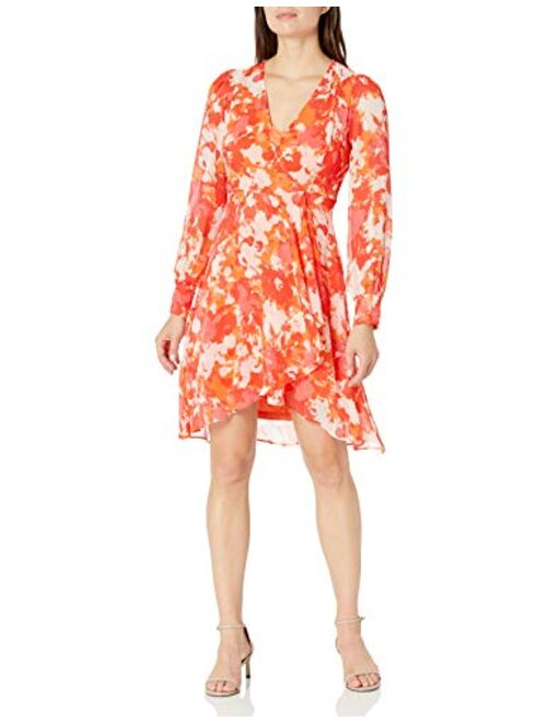 Calvin Klein Women's Long Sleeved V Neck Chiffon Faux Wrap Dress