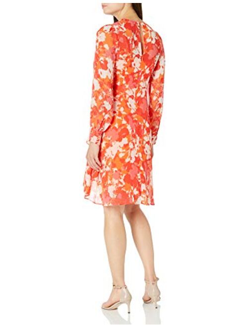 Calvin Klein Women's Long Sleeved V Neck Chiffon Faux Wrap Dress