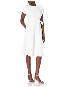 Women's Tulip Sleeved A-line Dress with Self Belt