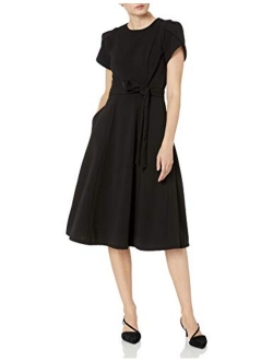 Women's Tulip Sleeved A-line Dress with Self Belt