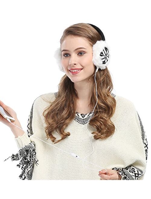 Women Lady's Earmuffs Snowflake Print Fluffy Faux Fur Trim Ear Warmers Headphones Music