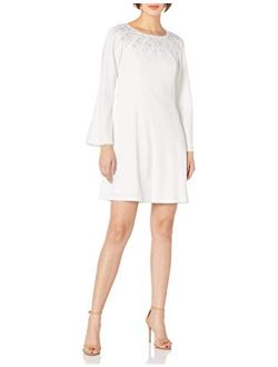 Women's Wide Sleeve A-line Dress with Neck Embellishemnt