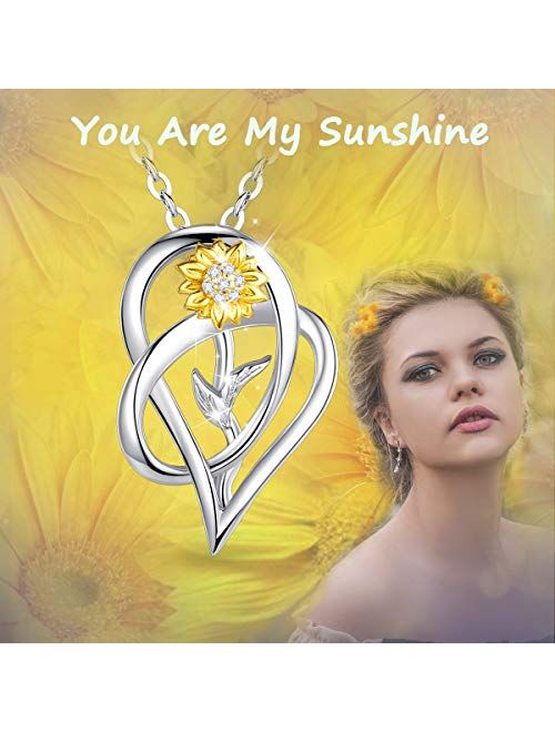 AEONSLOVE Sterling Silver Sunflower Necklace, You are My Sunshine Necklace Pendant, Sunflower Gifts for Women Girls, 18" Chain