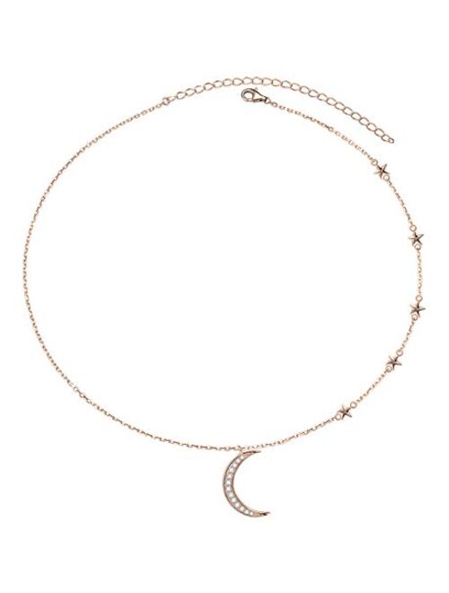 Savlano 14K Gold Plated Cubic Zirconia Round Cut Moon & Stars 18 Inches Pendant Chain Necklace for Women & Girls