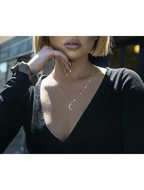 Savlano 14K Gold Plated Cubic Zirconia Round Cut Moon & Stars 18 Inches Pendant Chain Necklace for Women & Girls