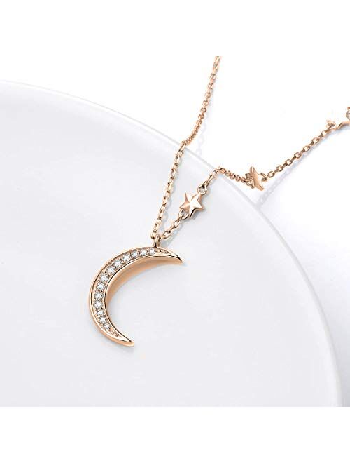 Savlano 14K Gold Plated Cubic Zirconia Round Cut Moon & Stars 18 Inches Pendant Chain Necklace for Women & Girls