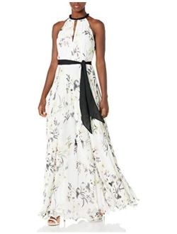 Women's Chiffon Halter Neck Keyhole Gown with Sash