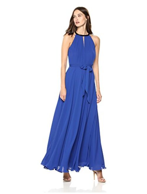 Calvin Klein Women's Chiffon Halter Neck Keyhole Gown with Sash