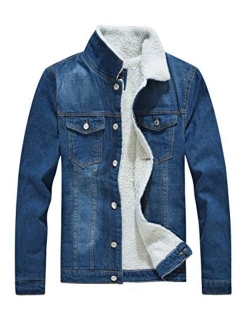 Chartou Men's Winter Slim-Fit Lapel Collar Fleece-Lined Denim Jacket Coat