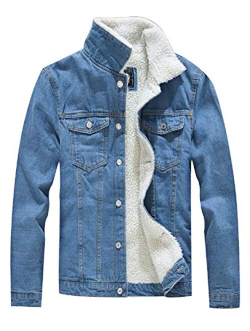 Chartou Men's Winter Slim-Fit Lapel Collar Fleece-Lined Denim Jacket Coat