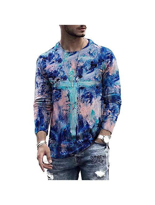 Men's Vintage Oil Painting Faith Jesus Cross Print Casual T-Shirt Round Neck Pullover Tie Dye Sweatshirt Long Sleeve Shirts