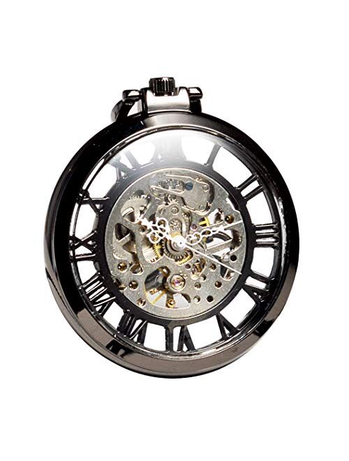 ManChDa Steampunk Mechanical Skeleton Big Size Hand Winding Pocket Watch Open Face Fob for Men