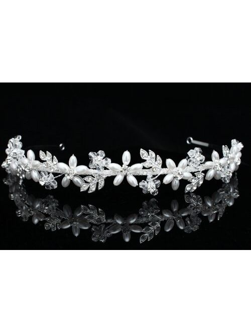 Handmade Pearl Flower Crystal Leaf Headband Tiara - Silver Plated T773