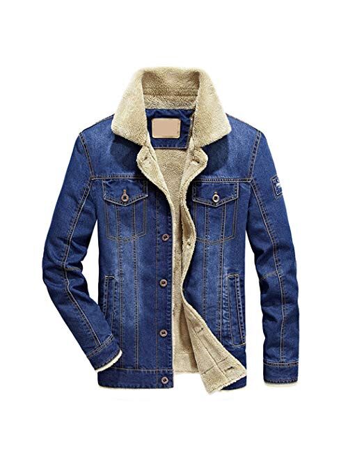 Hixiaohe Men's Rugged Button Down Sherpa Lined Distressed Denim Trucker Jacket